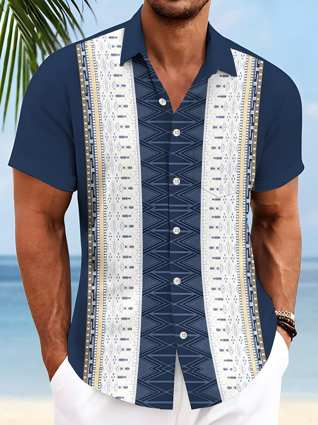 Men's ethnic geometric print pocket short sleeve shirt front view