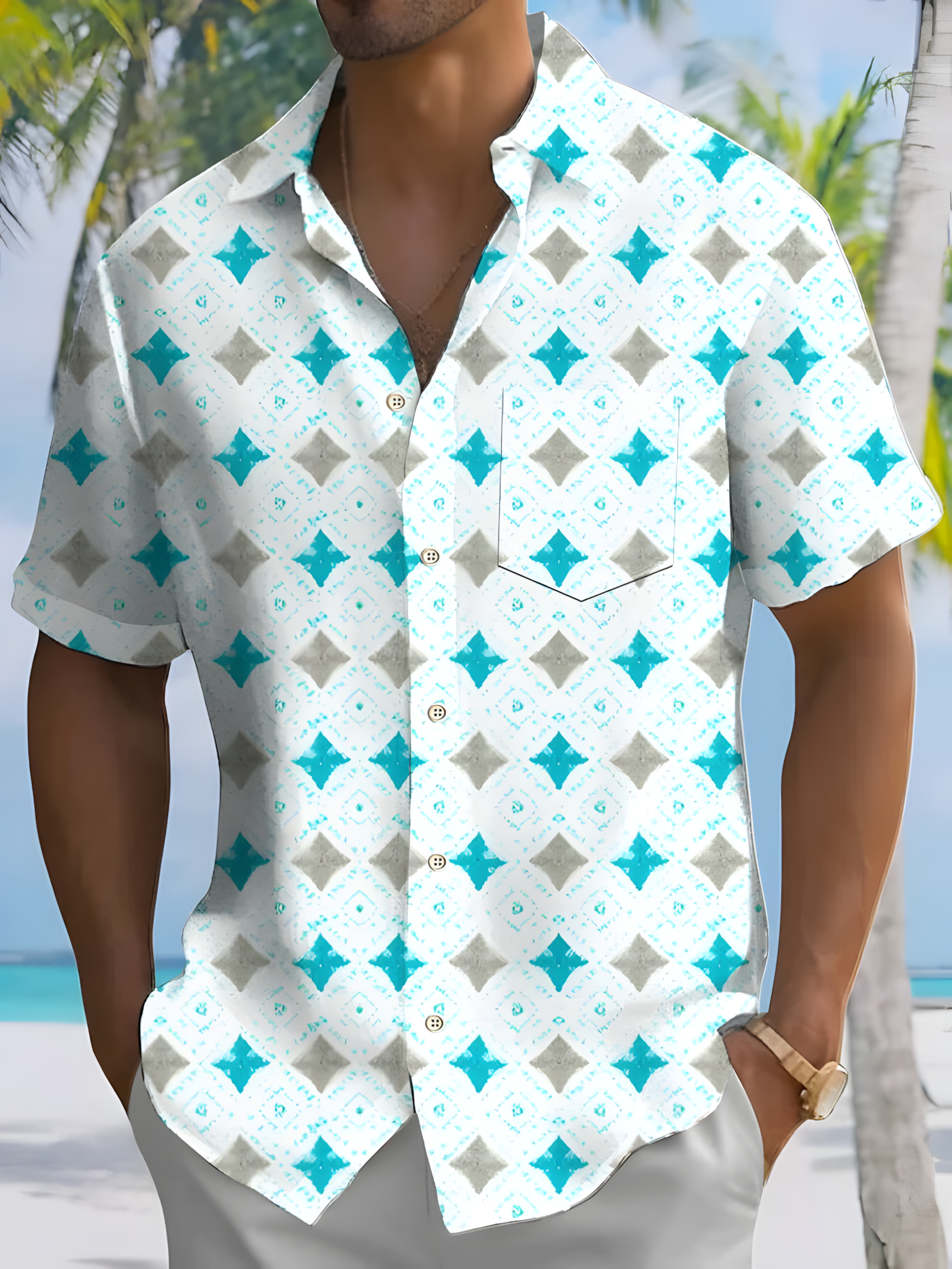 Contrast Geometric Men's Pocket Short Sleeve Shirts