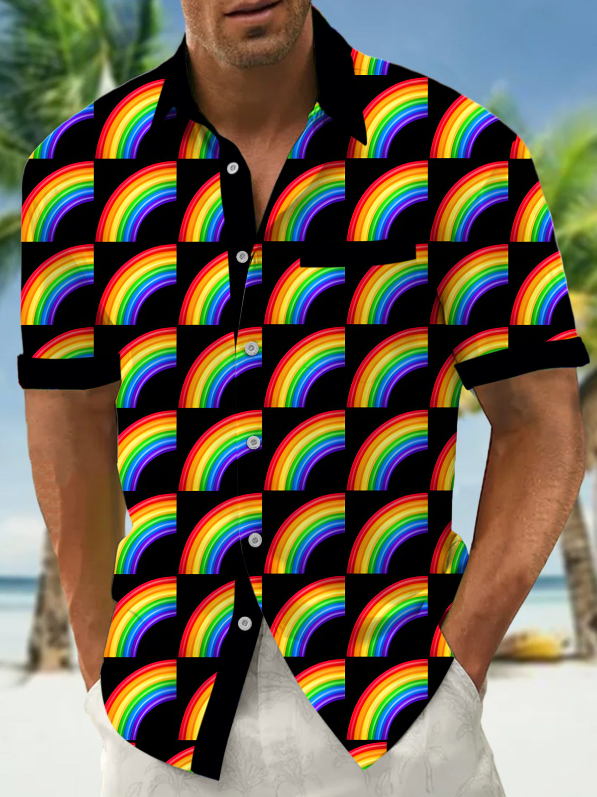 Rainbow Print Men's Pocket Short Sleeve Shirts