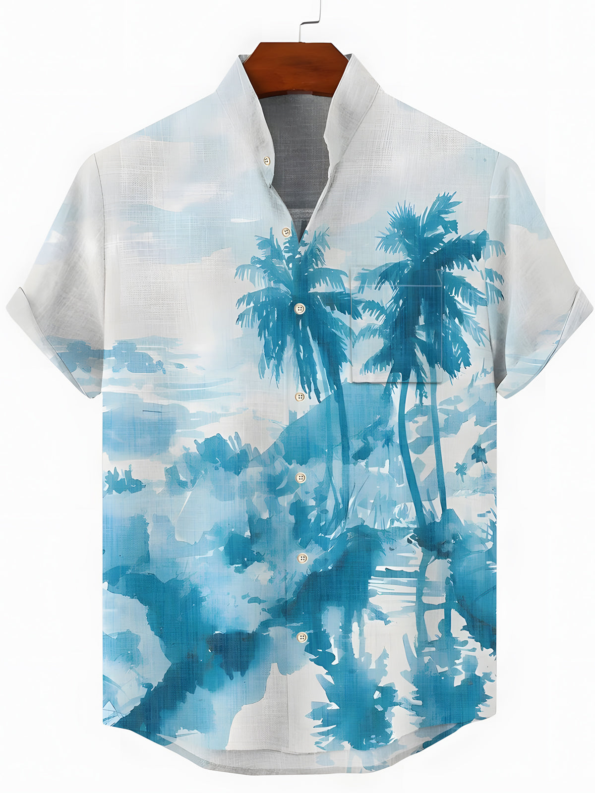 Hawaiian Coconut Tree Beach Print Men's Pocket Short Sleeve Stand Collar Shirts