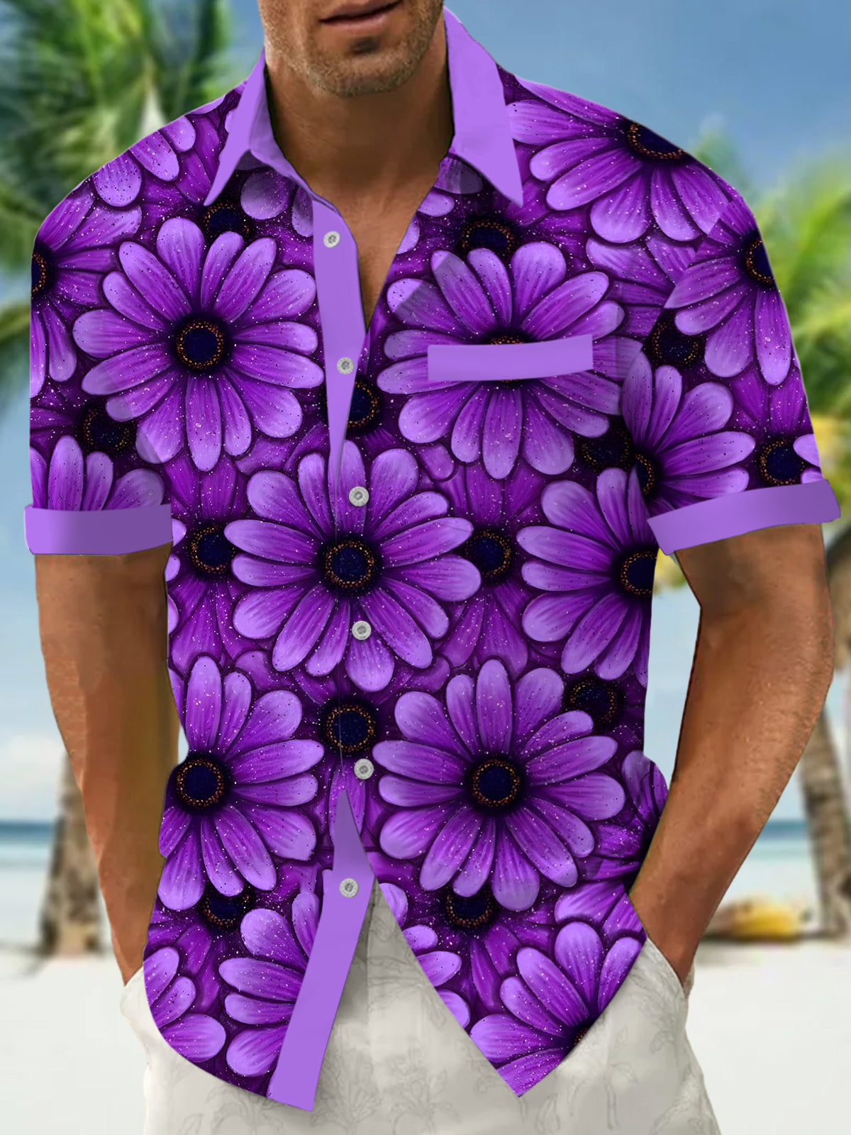 Purple Flower Men's Pocket Short Sleeve Shirts