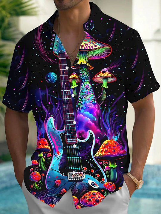 Men's Guitar Mushroom Print Pocket Short Sleeve Shirt Front View
