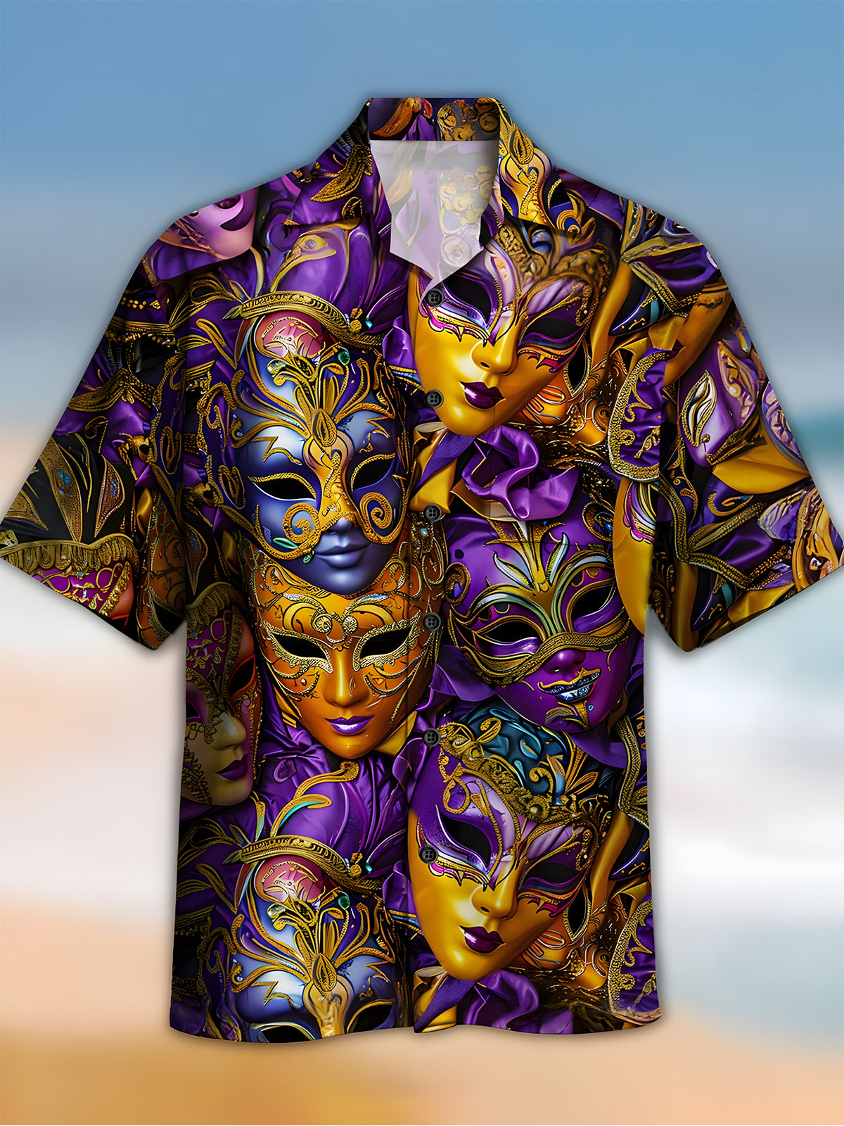 Mardi Gras Mask Printed Men's Cuban Collar Short Sleeve Shirt