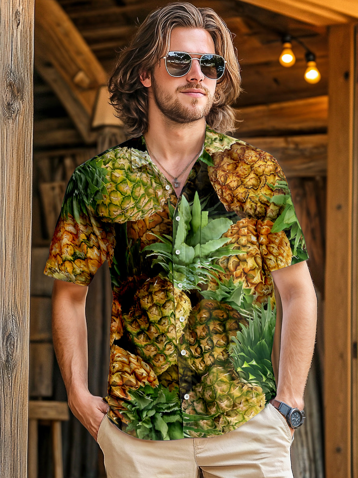 Pineapple Print Men's Pocket Short Sleeve Shirts