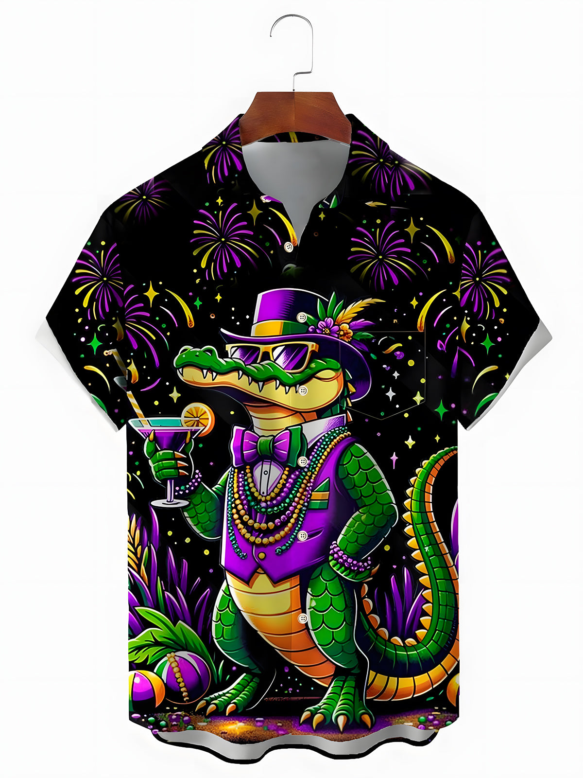 Mardi Gras Dinosaur Men's Pocket Short Sleeve Shirts