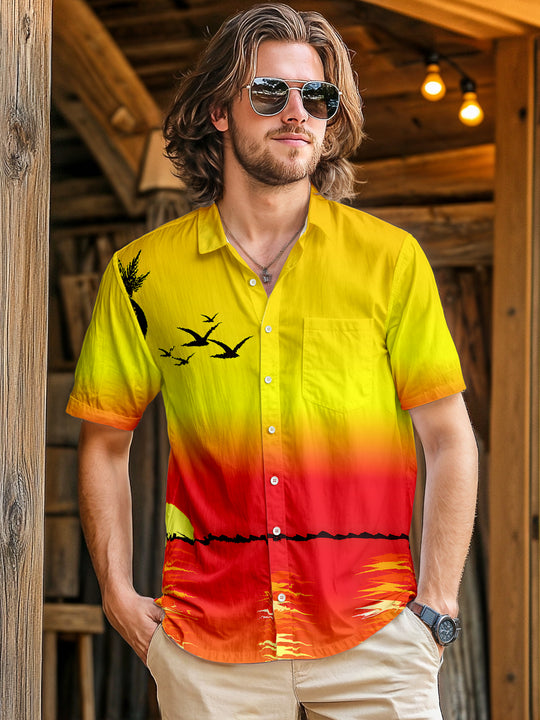 Men's blue Hawaiian short sleeve shirt front view for beach vacation