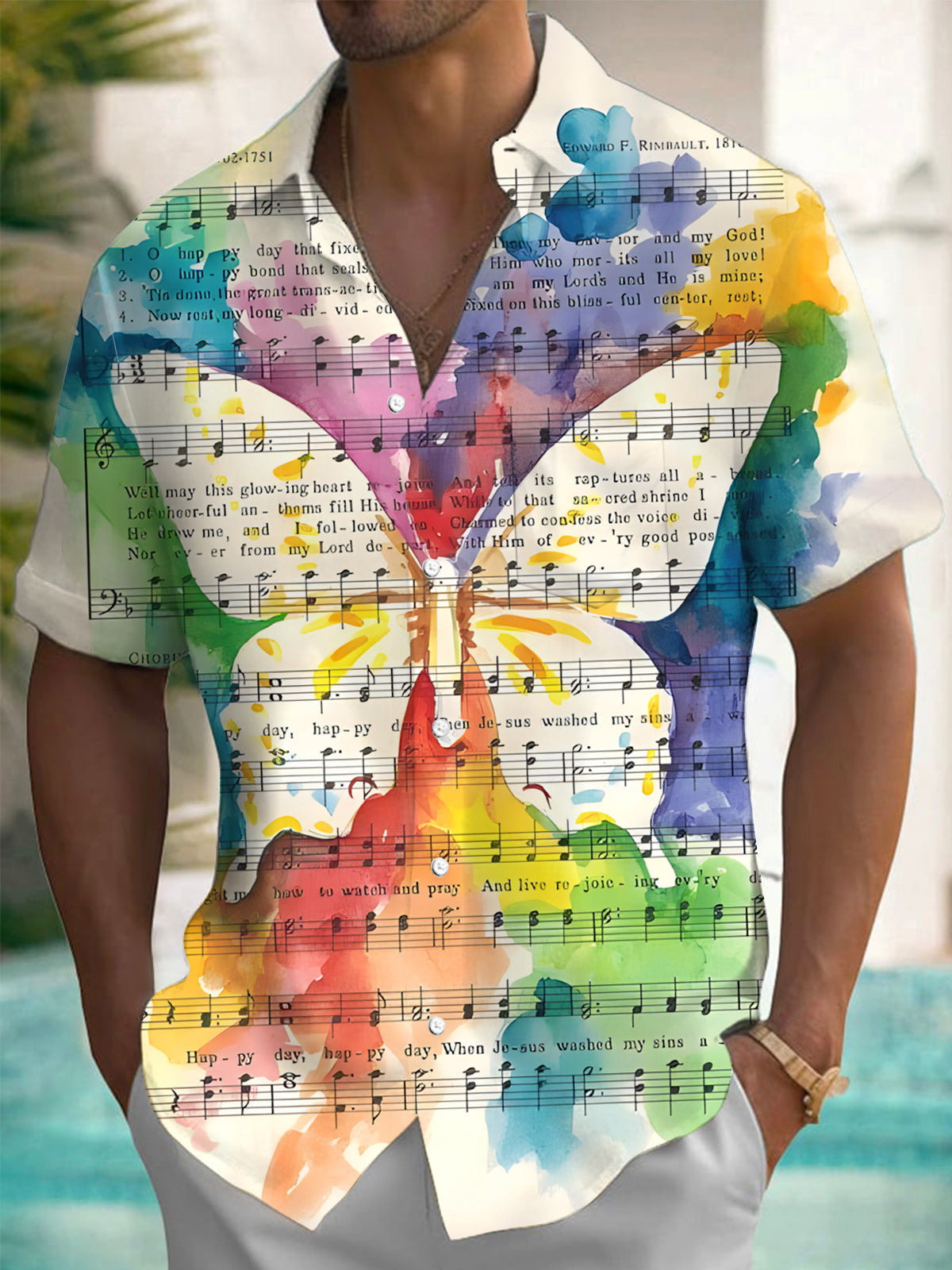 Butterfly Note Print Men's Pocket Short Sleeve Shirts