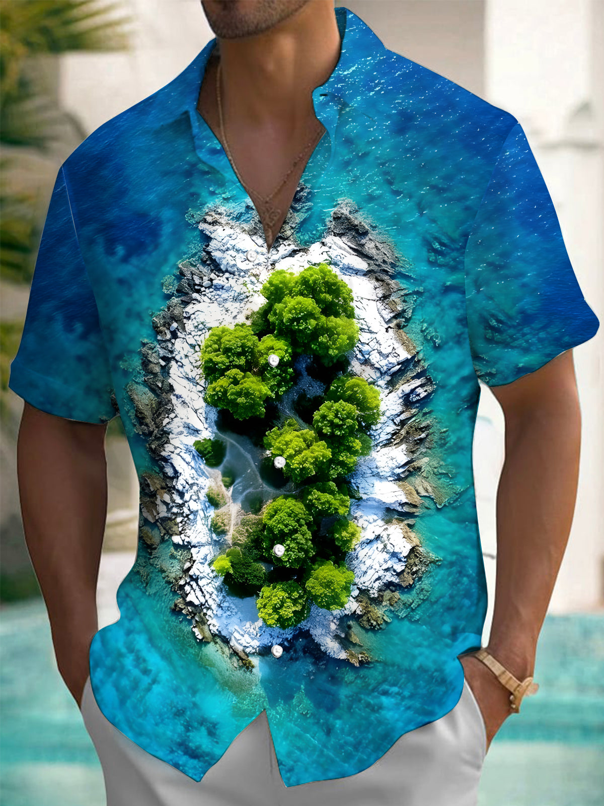 Hawaiian Island Print Men's Pocket Short Sleeve Shirts