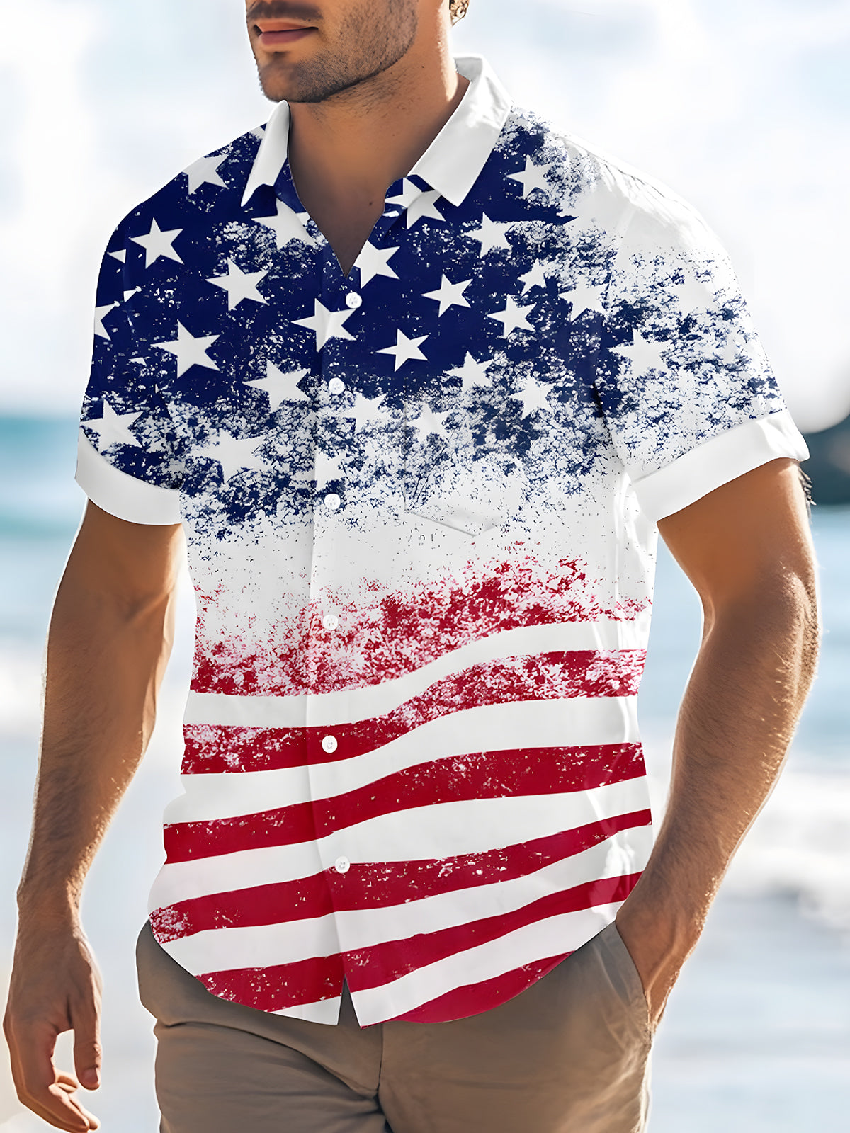 American Flag Print Men's Pocket Short Sleeve Shirts