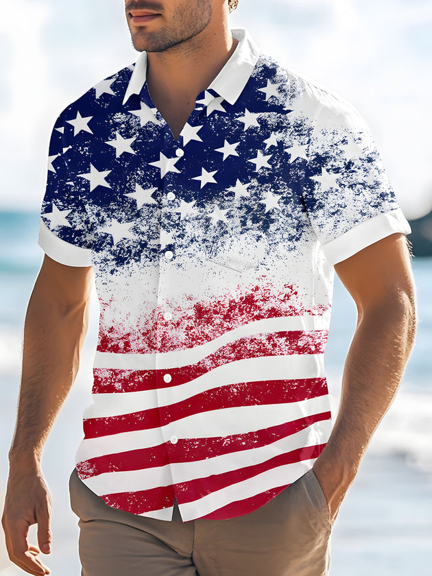 Men's American flag print pocket short sleeve shirt front view
