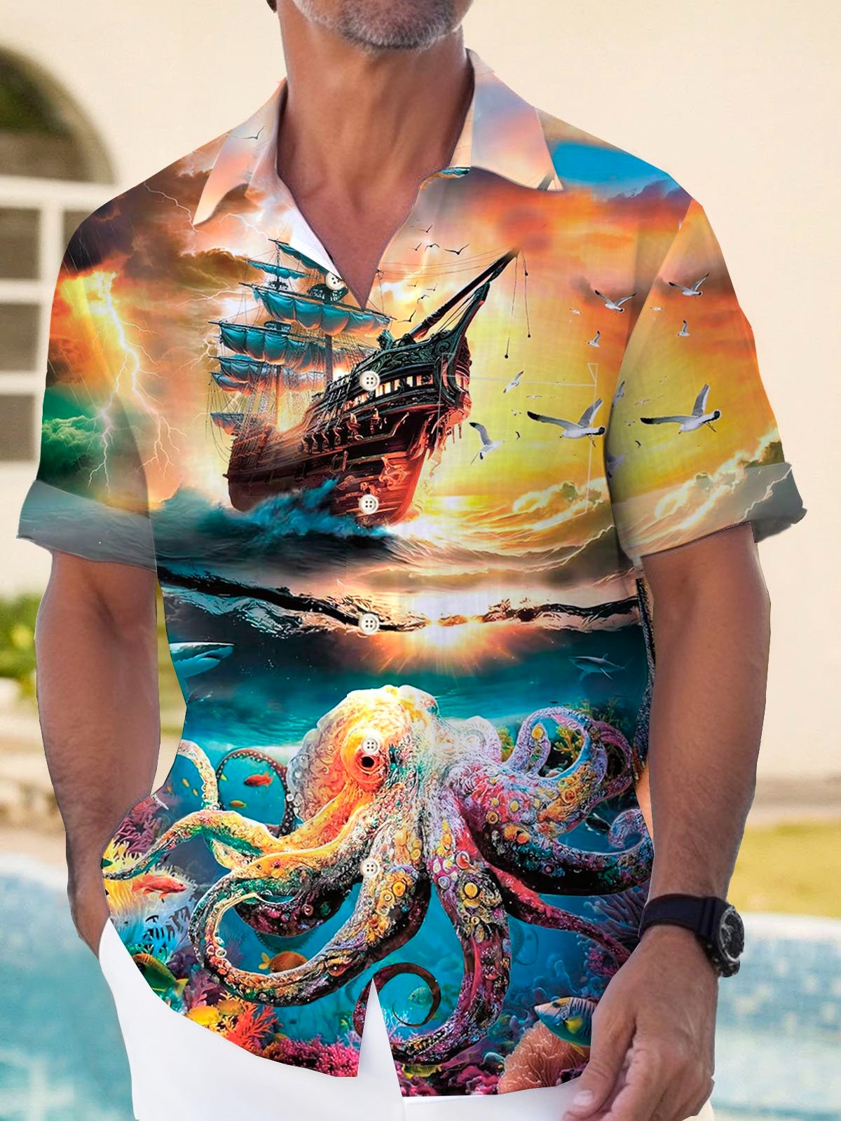 Marine Life Pirate Ship Octopus Print Men's Pocket Short Sleeve Shirts