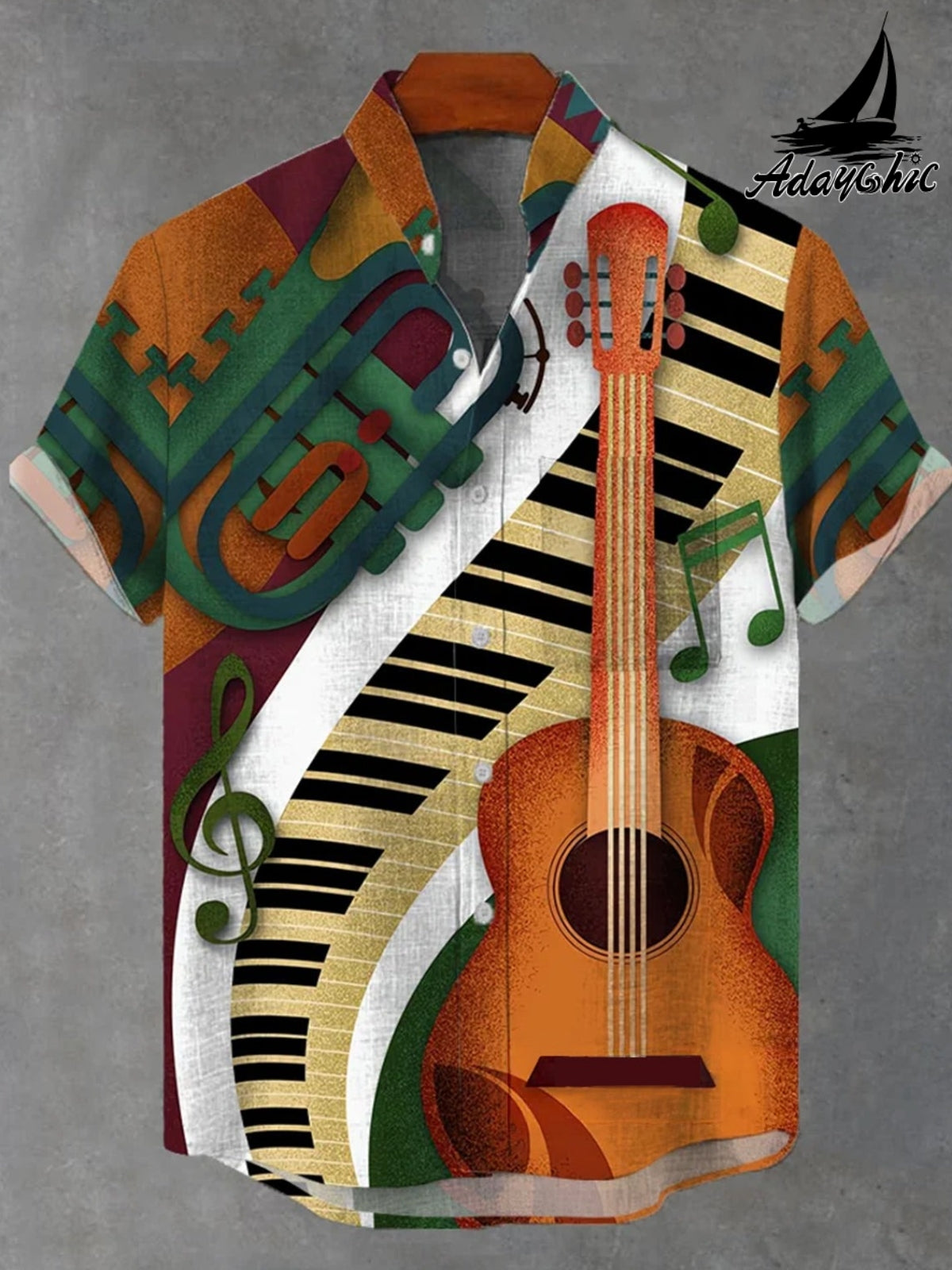 Musical Instruments Printing Pocket Stand Collar Short Sleeve Shirt