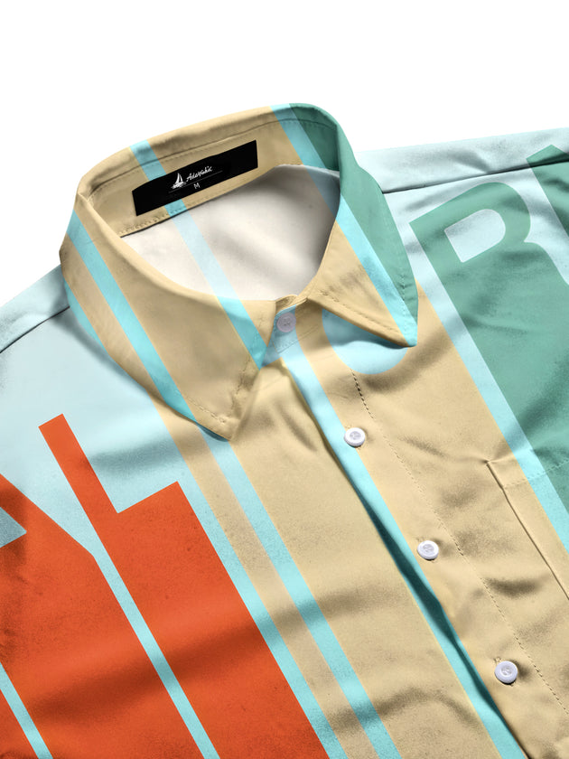 Men's aloha shirt with coconut tree print, side view