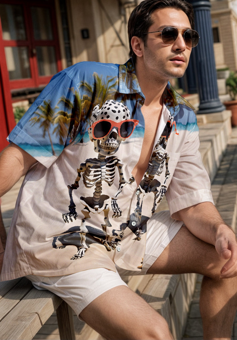 Hawaiian Skull Print Men's Pocket Short Sleeve Shirts