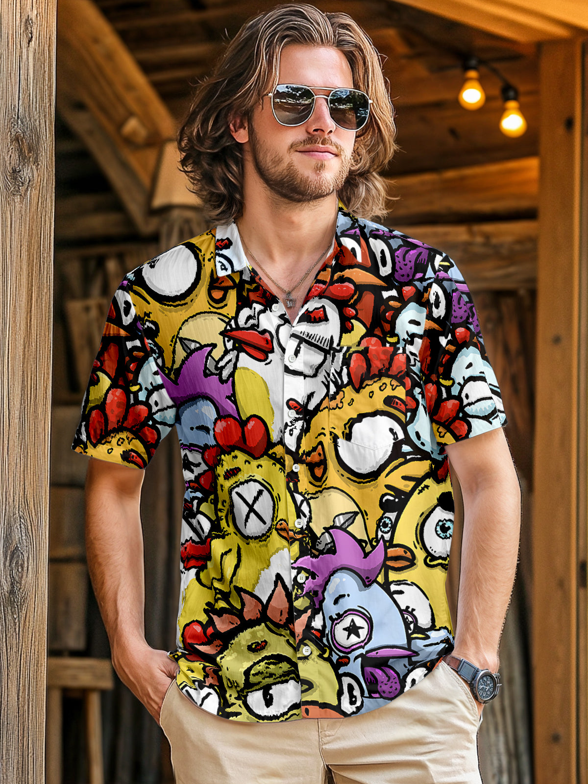 Chickens Party Print Men's Pocket Short Sleeve Shirts