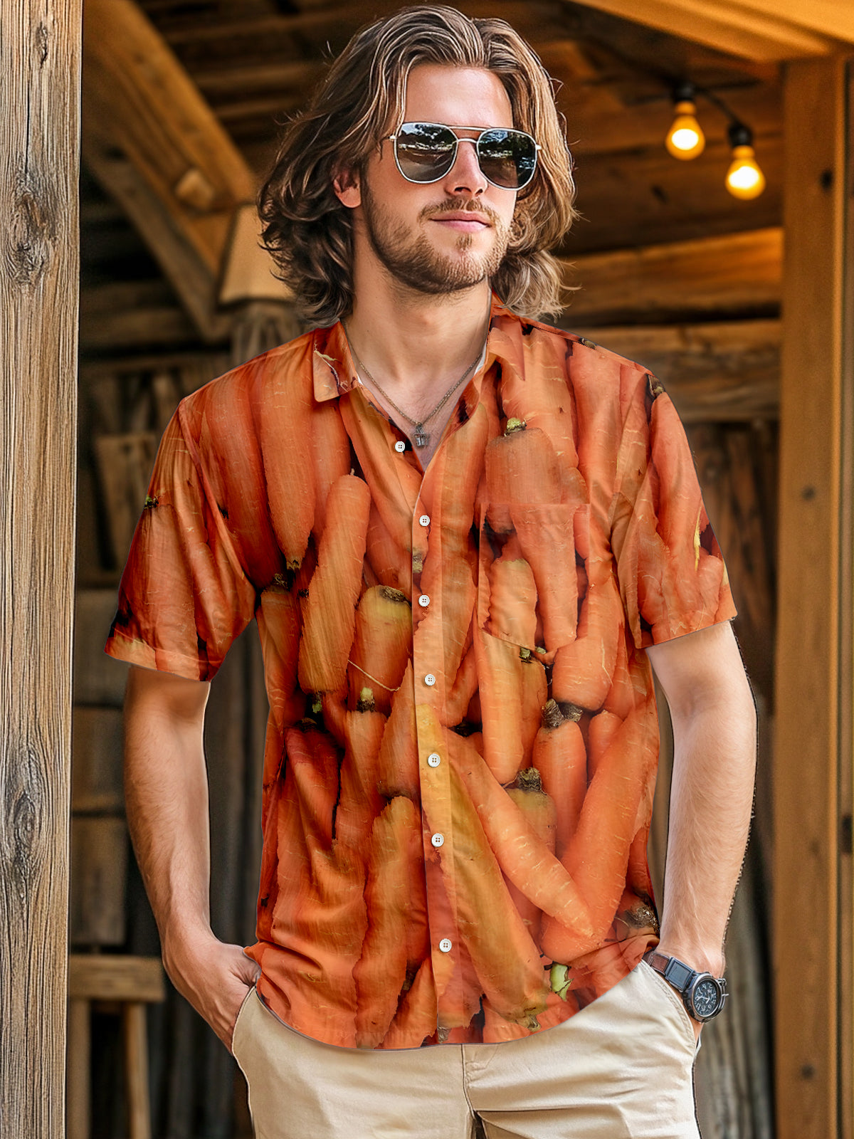 Carrot Print Men's Pocket Short Sleeve Shirts