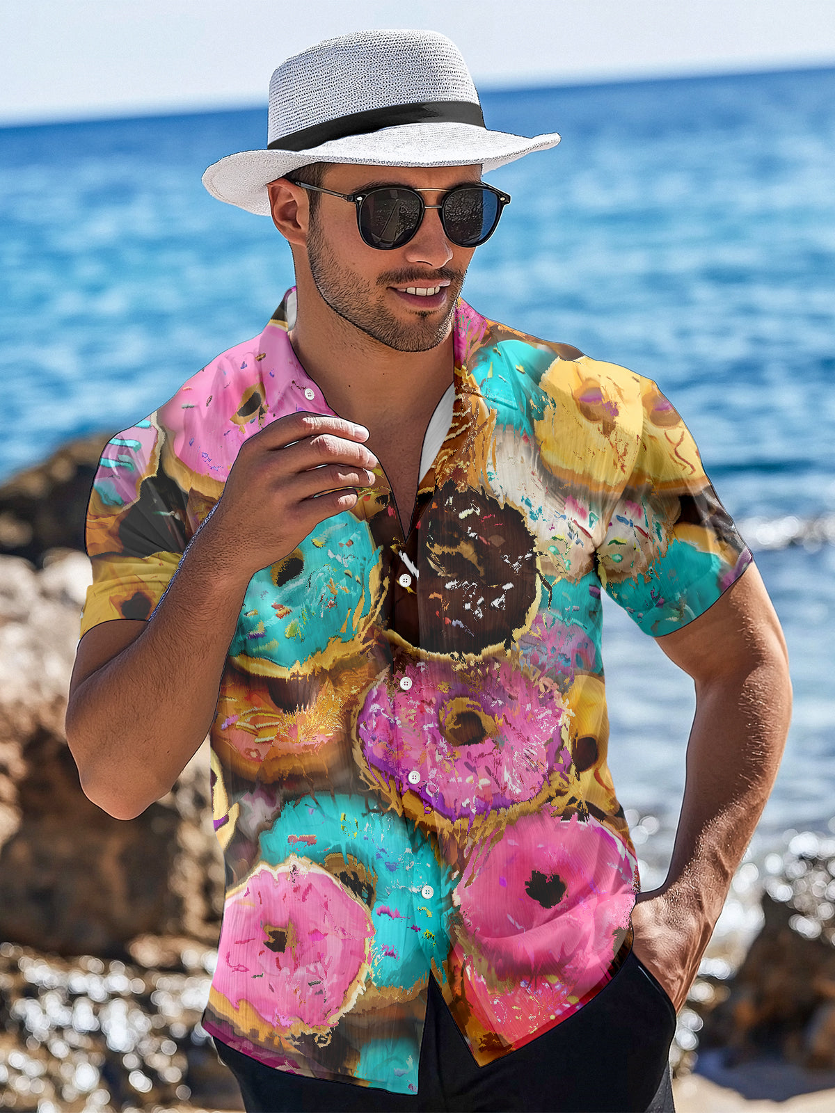 Donut Print Men's Pocket Short Sleeve Shirts