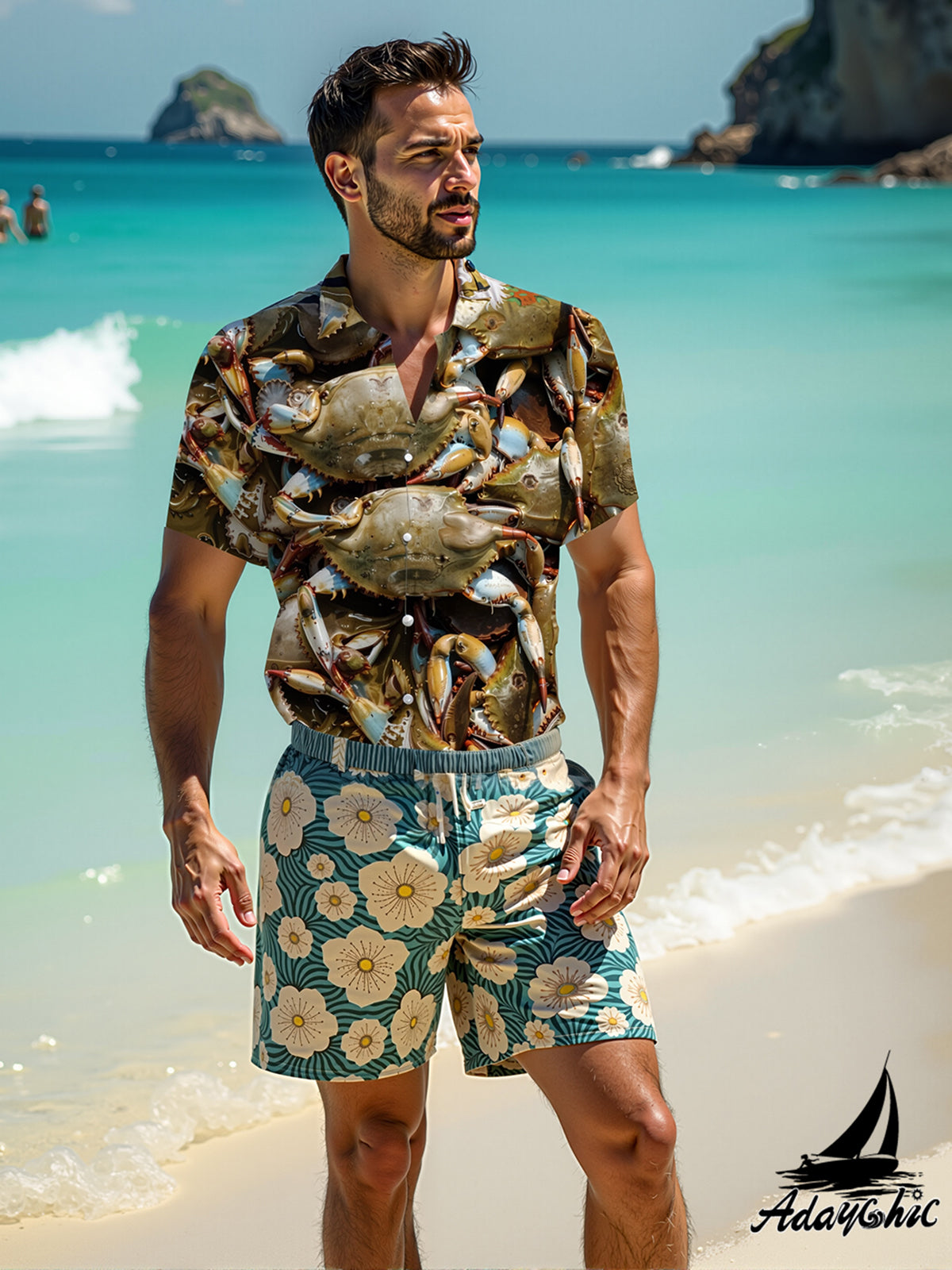 Seafood Crab Print Men's Pocket Short Sleeve Shirts