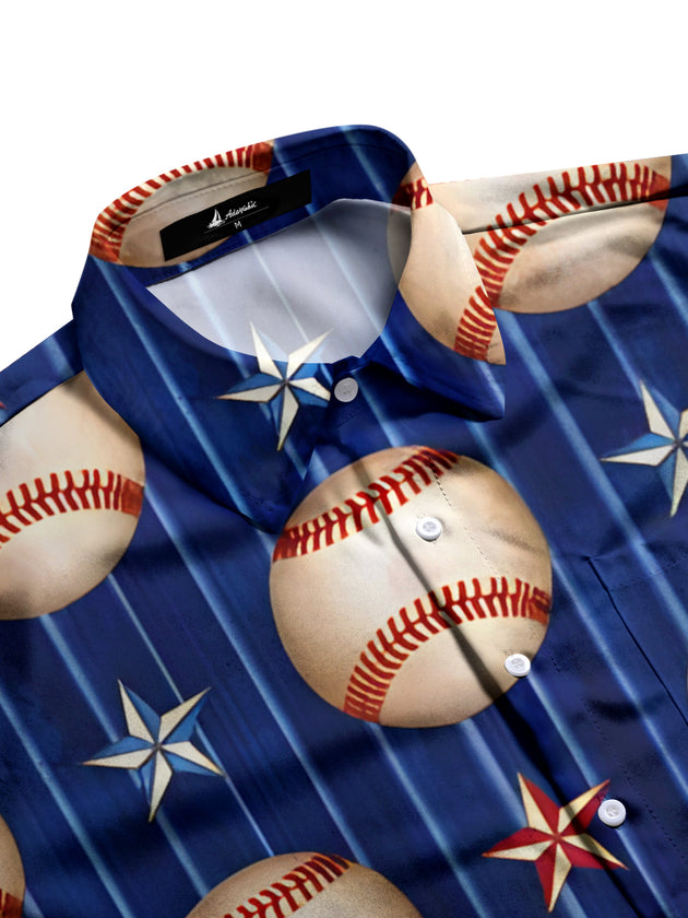 Men's cobalt baseball print half sleeve pocket shirt side view