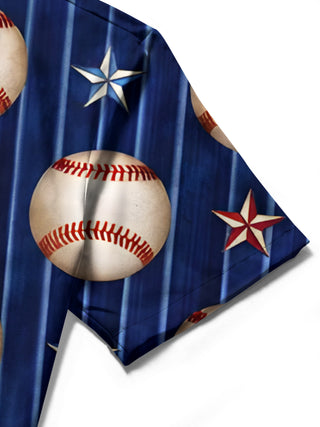 men's blue baseball print shirt close-up short sleeve
