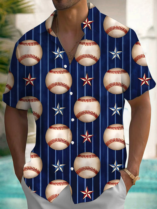 men's blue baseball print shirt front view