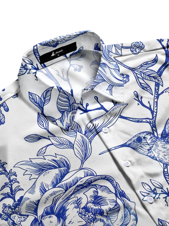 Men's short sleeve shirt with botanical floral print, side view