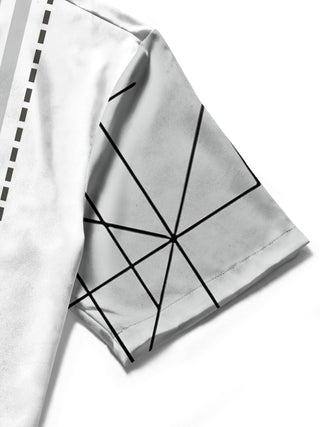 Men's geometric pattern short sleeve shirt close-up detail view