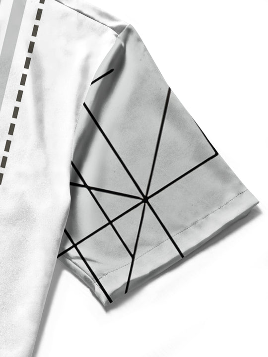 Men's geometric pattern short sleeve shirt close-up detail view