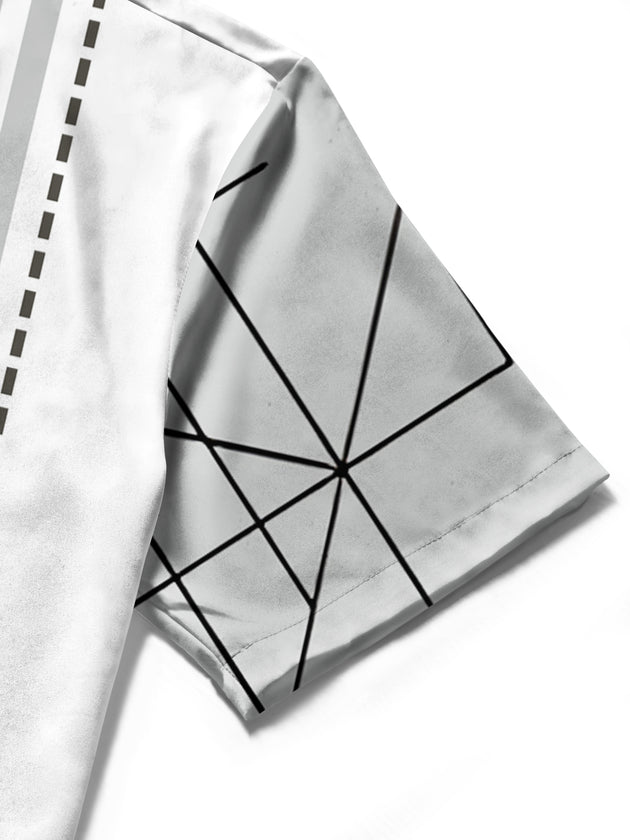 Men's geometric pattern short sleeve shirt close-up detail view