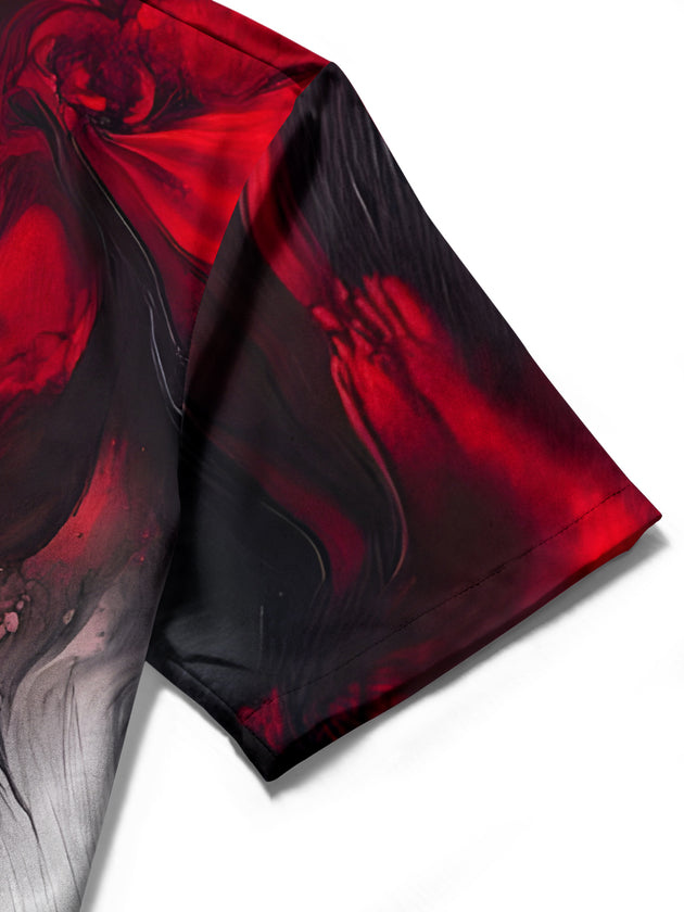Men's abstract gradient print short sleeve shirt close-up detail view