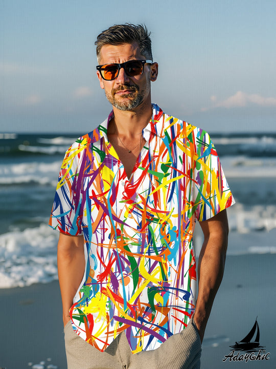 Men's Abstract Line Print Pocket Short Sleeve Shirt Front View