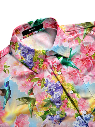Men's short sleeve shirt with botanical floral print, side view