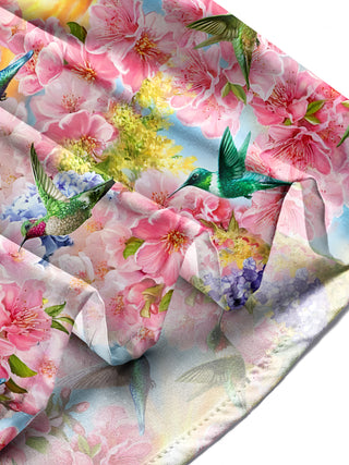 Men wearing bird floral short sleeve shirt in casual outdoor setting