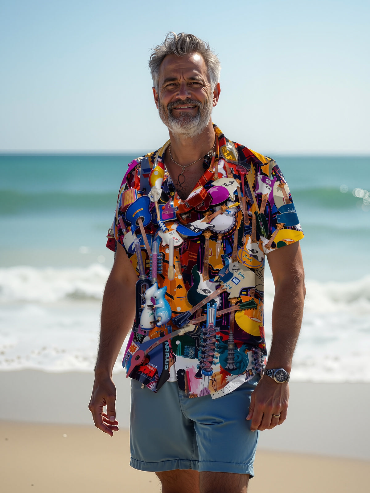 Musical Instrument Print Men's Pocket Short Sleeve Shirts