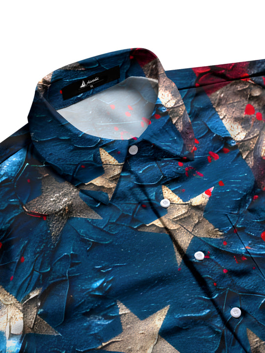 Men's patriotic American flag print pocket half sleeve shirt side view.