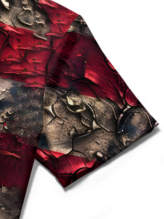 Men's American flag print short sleeve shirt close-up detail of fabric texture