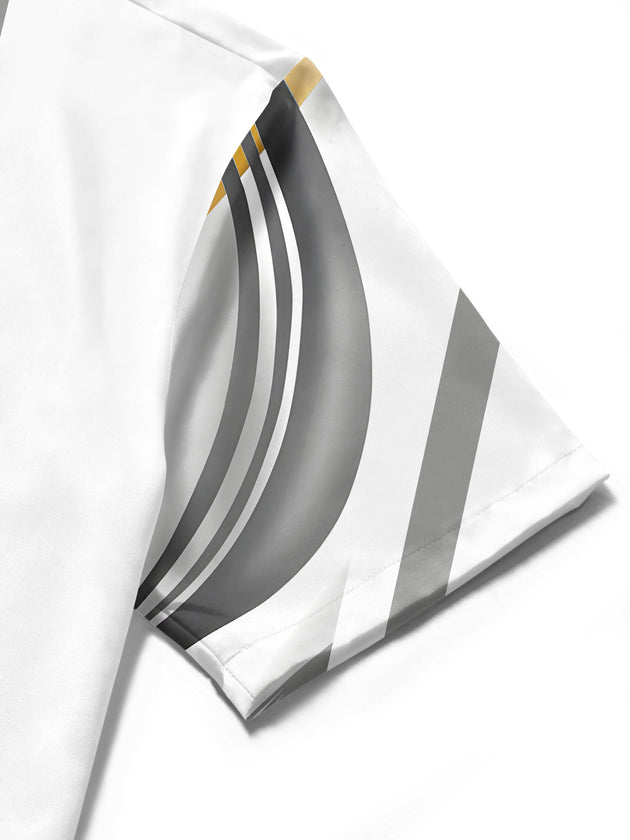 Men's abstract print short sleeve shirt close-up detail