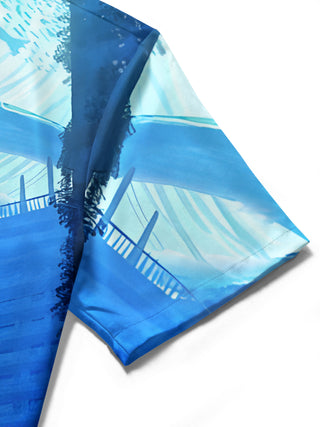 Men's blue Hawaiian floral short sleeve shirt close-up detail view