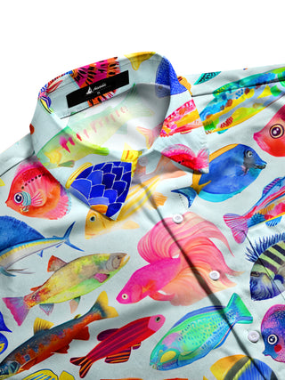 Men's aloha fish print short sleeve shirt side view