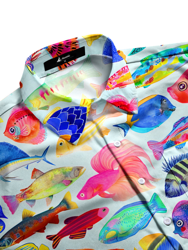 Men's aloha fish print short sleeve shirt side view
