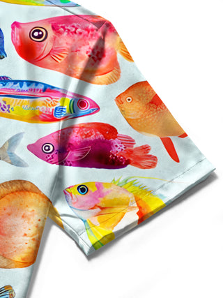 Men's Hawaiian fish print short sleeve shirt close-up fabric texture