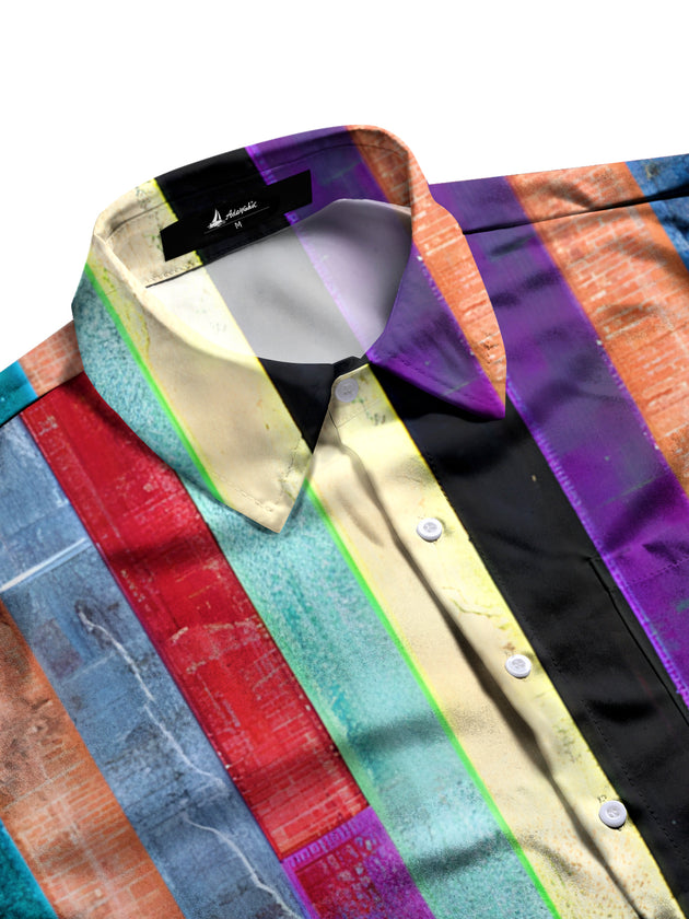 Men's tie dye short sleeve shirt side view with geometric pocket detail
