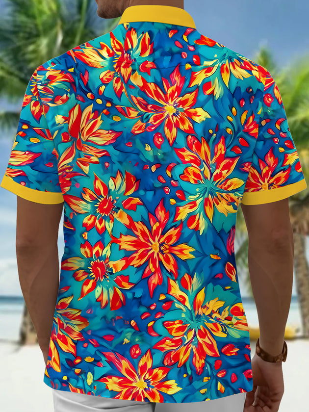 Men's blue floral short sleeve shirt back view