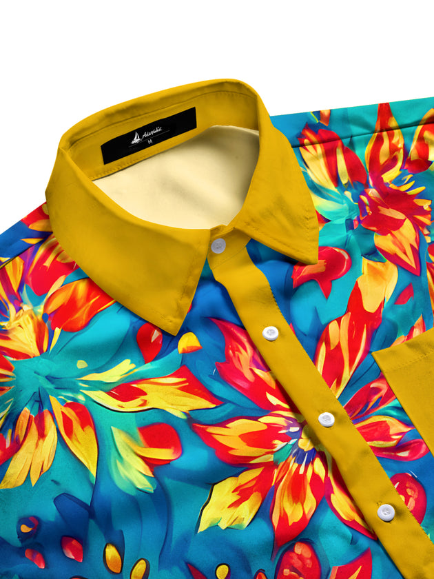 Men's floral print short sleeve shirt, side view, botanical pattern on casual summer top.