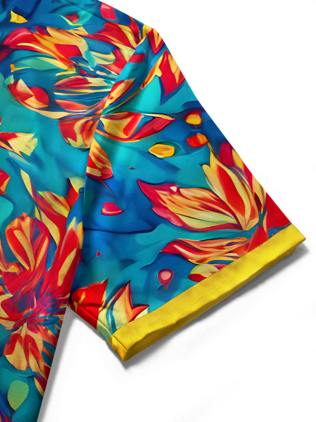 Men's floral short sleeve shirt detail close-up, botanical print on cotton button-down.