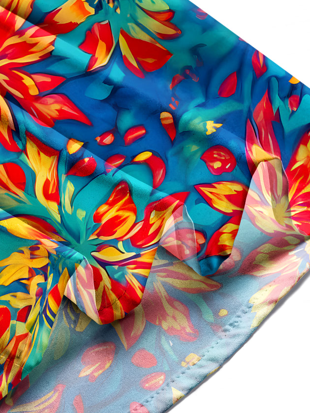 Men's floral short sleeve shirt lifestyle shot, botanical print on relaxed summer fit.
