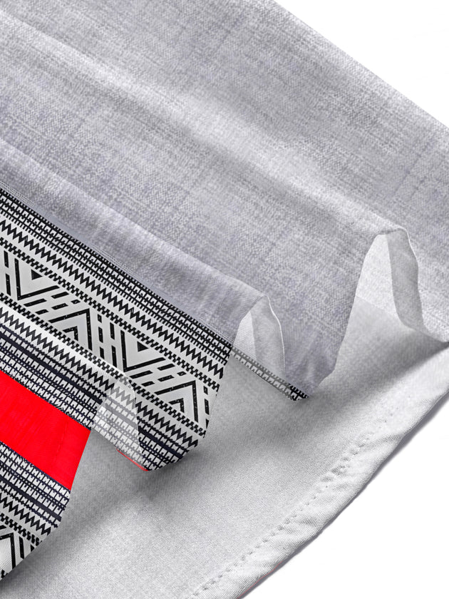 Men wearing short sleeve geometric print pocket shirts in a casual outdoor lifestyle setting