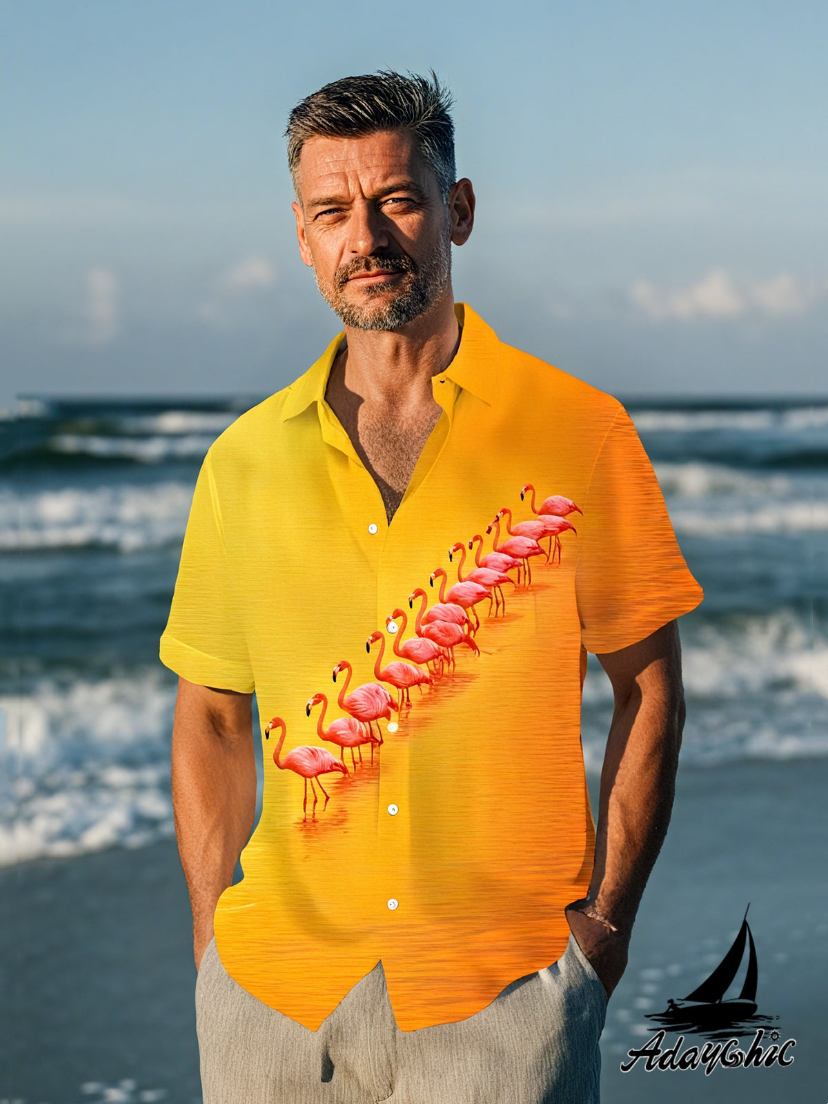 Flamingo Men's Pocket Short Sleeve Shirts