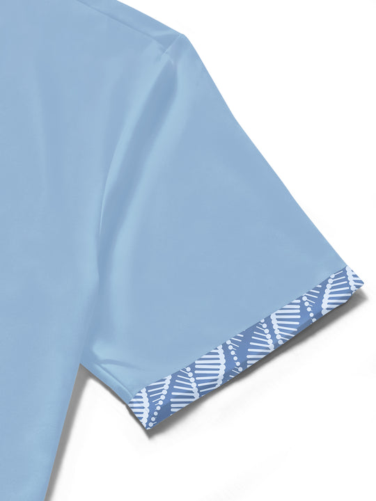 Men's geometric pocket short sleeve shirt stitch detail close-up