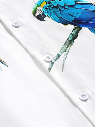men's parrot print short sleeve flat lay shirt